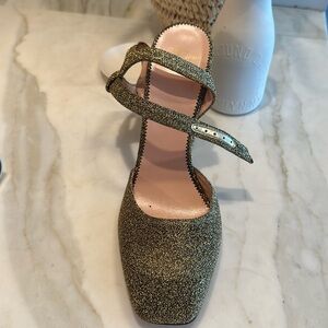 J crew Harlow Pump Ankle strap Square Toe glitter gold, 4 inch block heel